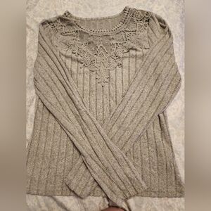 Gray Ribbed Sweater with Lace Detail